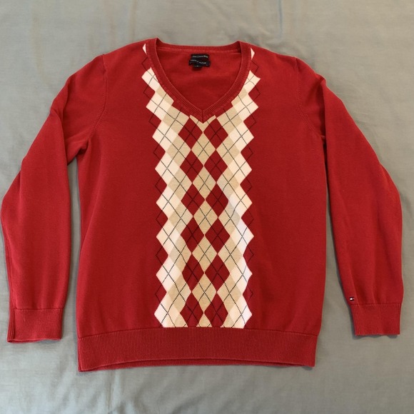 Tommy Hilfiger Sweaters - Tommy Hilfiger Sweater Woman's XL Red Argyle V Neck Pima Cotton Pullover Preppy